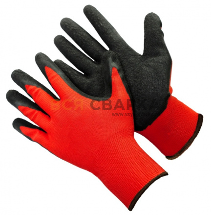 Купить Перчатки нейлоновые с 1-м нитриловым покрытием (красно-чёрные)